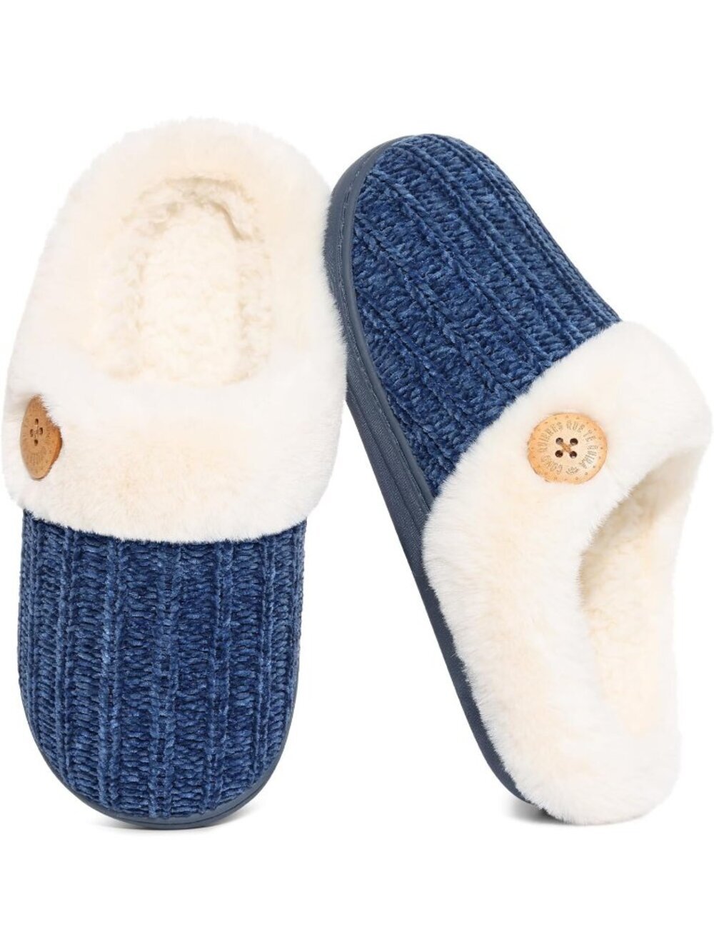 Women's Buttoned Navy Comfy Wool Like Lined Closed Toe Warm Knit Slipper Shoes